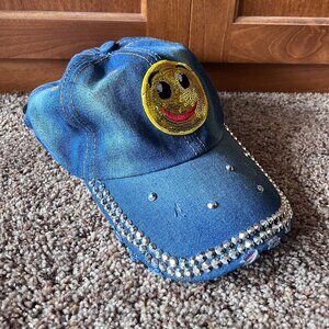 Magid Hats‎ Denim Smiley Face Y2K Cap w Sequins and Studs